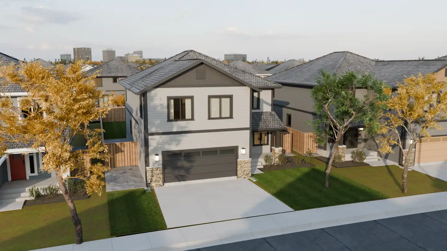 A two-storey house with a double garage