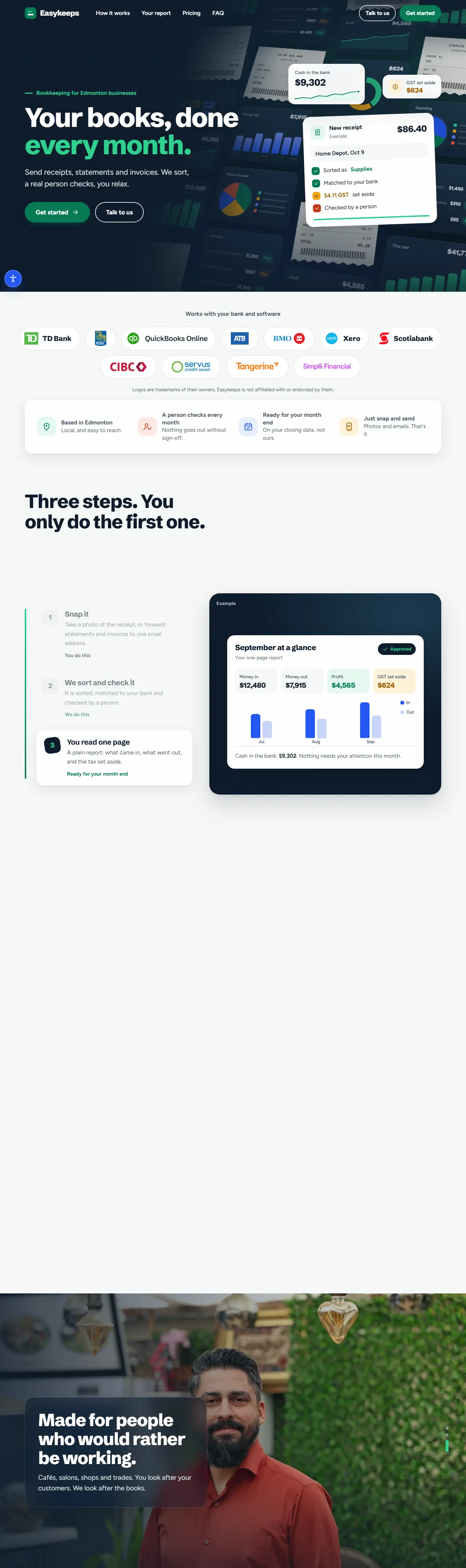 The top of easykeeps.ca: Your books, done every month, with a price summary and how it works